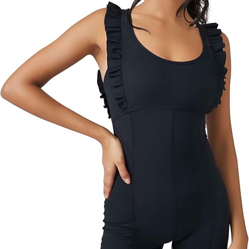 Free People Movement Ruffle Me Up Shortie Romper in Black Size Small NWOT